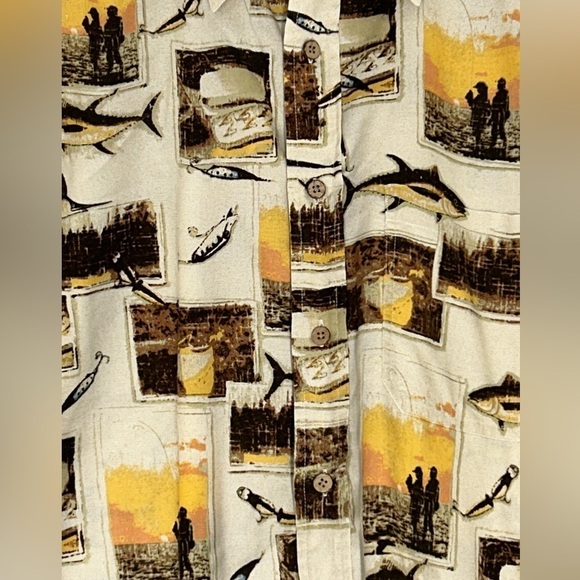 Vintage Woolrich Mens Fishing Fish Hook Print Button Down SS Shirt Beige Size XL - Picture 2 of 11